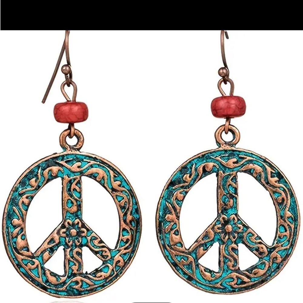 Peace Love Sign Symbol Hook Earring, Carving Antique Vintage Bronze Round Flower